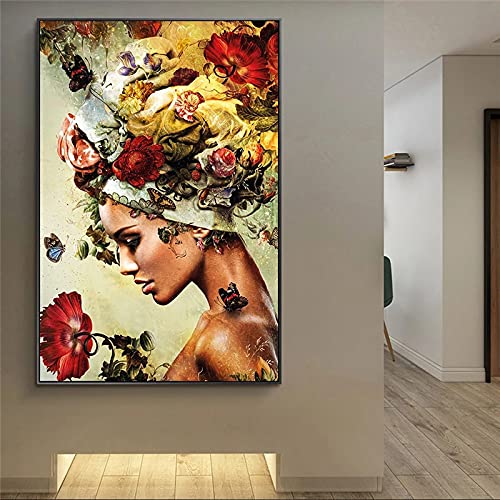 Moderne abstrakte Frau Blumen Kunst Poster und Drucke Leinwand Gemälde Wandkunst Bilder für Wohnzimmer Dekor 80 x 105 cm (32 x 42 Zoll) Ohne Rahmen von HOLEILUCK