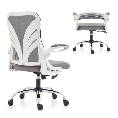 HOLLUDLE Ergonomischer Bürostuhl mit Klappbarer Rückenlehne, Schreibtischstuhl mit Erweitertem Sitz(52 cm), Hochklappbaren Armlehnen und Mesh Lendenwirbelstütze Drehstuhl Computerstuhl, Weiß von HOLLUDLE