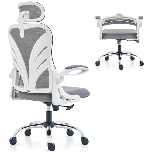 HOLLUDLE Ergonomischer Bürostuhl mit Klappbarer Rückenlehne, Schreibtischstuhl mit 2D Kopfstütze, Hochklappbaren Armlehnen und Mesh Lendenwirbelstütze Drehstuhl Computerstuhl, Weiß von HOLLUDLE