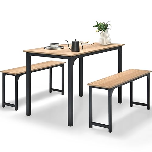 HOMASIS 3-teilige Essgruppe, Esszimmertisch mit Stühle für 4 Personen, Sitzgruppe mit 2 Bänken aus Holz & Metall, Esstisch-Set im Industriestill, Küchenmöbel für Esszimmer, 110 x 70 x 75 cm (Natur) von HOMASIS