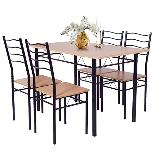 HOMASIS 5 teilige Essgruppe, Esstisch mit 4 Stühle aus Holz & Metall, Stuhl mit Rückenlehne, Esszimmerset Küchentischset Sitzgruppe für Küche, Esszimmer, Wohnzimmer, 120 x 70 x 75 cm (Buche) von HOMASIS