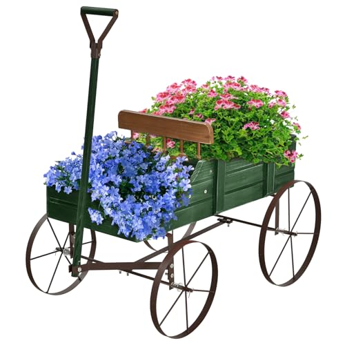 HOMASIS Pflanzwagen aus Holz für Pflanzen, Schubkarre mit Metallrädern und 2 Fächern, dekorativer Einradtopf für Garten, Terrasse, Terrasse, Terrasse, 63 x 35 x 62,5 cm (Grün) von HOMASIS