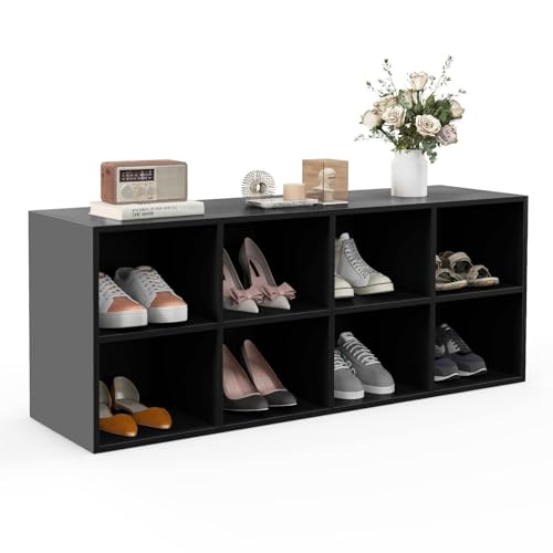 HOMASIS Schuhbank mit 8 Fächern, Schuhschrank mit Sitzfläche, Schuhregal Holz 230kg belastbar, Sitzbank Schuhorganizer Schuhablage für Eingang, Flur, Wohnzimmer, 102 x 30 x 41 cm (Schwarz) von HOMASIS