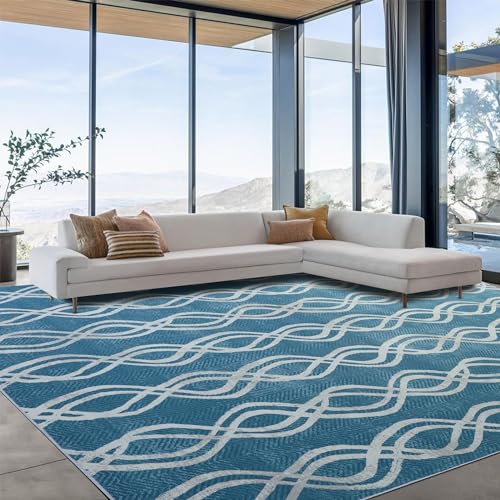 HOMBYS Marokkanischer Teppich für Wohnzimmer, Schlafzimmer, großer moderner Bodenteppich mit rutschfester Unterseite, für Innenbereich, Büro, Esszimmer, Heimdekoration, fusselfrei, blau, von HOMBYS