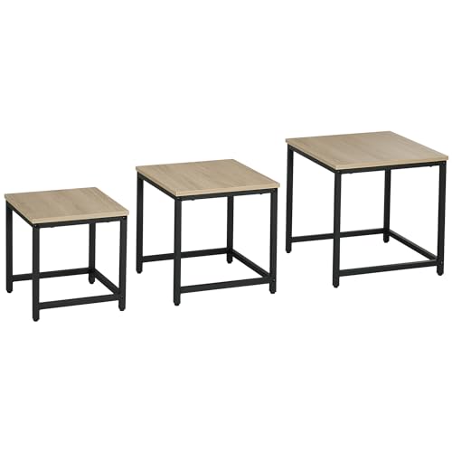 HOMCOM 3er-Set Couchtisch Beistelltisch, Sofatisch mit Stahlrahmen, Kaffeetisch, Satztisch mit Holzoptik, Wohnzimmertisch im Industriedesign, Natur von HOMCOM