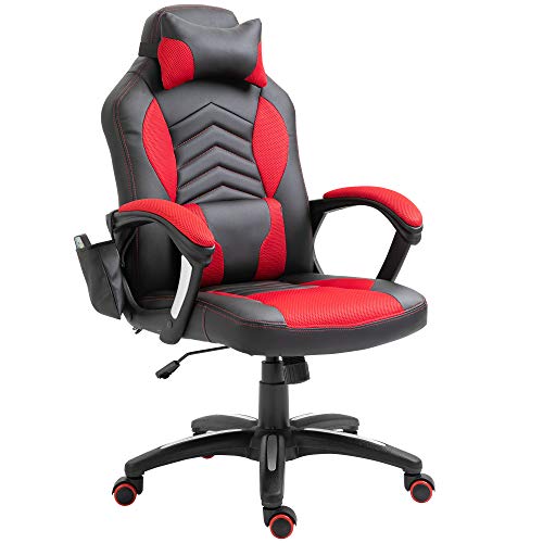 HOMCOM Bürostuhl Massagesessel Massagefunktion mit 6 Vibrationspunkte Ergonomischer Gaming Stuhl mit Wärmefunktion Kunstleder Rot 68 x 69 x 108-117cm von HOMCOM