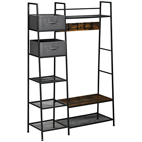 HOMCOM Garderobenständer, Garderobe mit Sitzbank, Kleiderständer mit verstellbaren Haken, Stoffschubladen, 185,5 cm hoch, Mantelgestell für Flur, Schlafzimmer, Rustikales Braun+Grau von HOMCOM