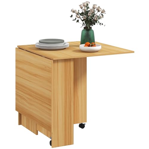 HOMCOM Klapptisch Esszimmertisch Beistelltisch mobiler Tisch klappbarer Küchentisch Schreibtisch Beistelltisch Ablagefläche mit Rollen Natur 140 x 80 x 74 cm von HOMCOM