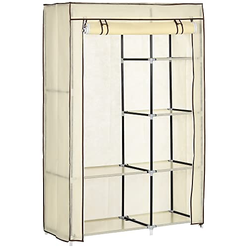 HOMCOM Kleiderschrank Stoffschrank mit Kleiderstange, 6 Fächern, Faltbare Garderobe in Vlies-Optik, Faltschrank für Schlafzimmer, Flur, Creme, 103 x 43 x 162,5 cm von HOMCOM