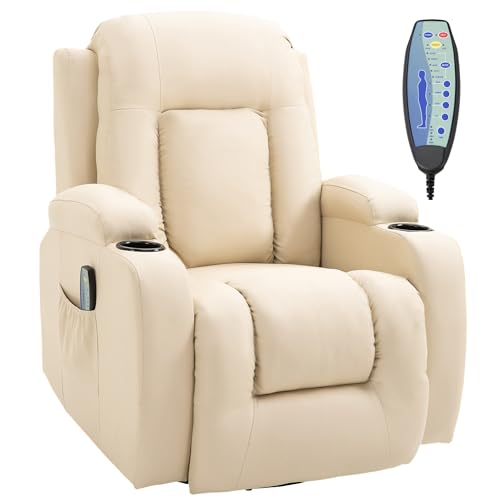 HOMCOM Massagesessel Fernsehsessel Relaxsessel mit Wärmefunktion TV Sessel mit Liegefunktion, Ruhesessel mit Fernbedienung, Becherhalter, Cremeweiß 85 x 94 x 104 cm von HOMCOM