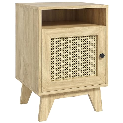 HOMCOM Nachtschrank Nachttisch mit Schrank, Beistelltisch mit Ablagefach, Nachtkommode Nachtkästchen mit Rattenoptik für Schlafzimmer, Wohnzimmer, 39 x 35 x 60 cm, Natur von HOMCOM