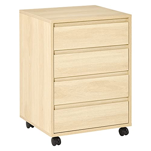 HOMCOM Rollcontainer Aktenschrank Büroschrank mit 4 Schubladen Lagerschrank Aufbewahrung Container Natur 46 x 40 x 65 cm von HOMCOM