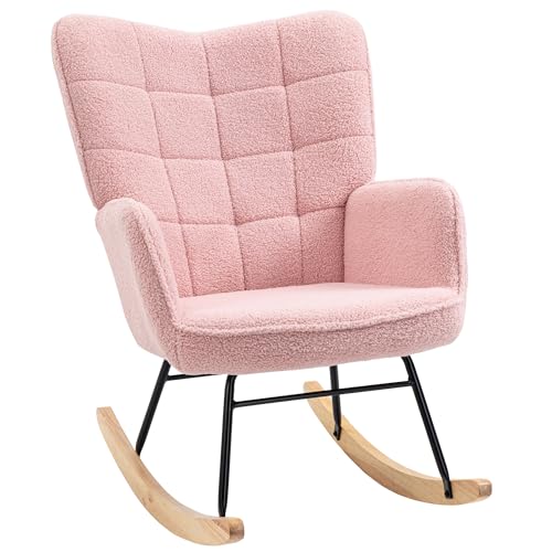 HOMCOM Schaukelstuhl Sessel Relaxsessel Schaukelsessel Wohnzimmersessel Schwingsessel Akzentstuhl für Schlafzimmer, Belastbarkeit bis 120 kg, Berbervlies, Rosa 92 x 71 x 101 cm von HOMCOM