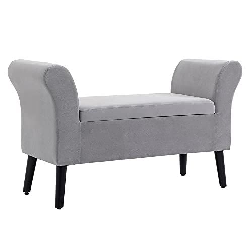 HOMCOM Sitzbank Polsterbank mit Stauraum Armlehnen Truhenbank modern Flur Schlafzimmer Wohnzimmer samtartiges Polyester Gummiholz Hellgrau 111,5 x 41 x 65 cm von HOMCOM