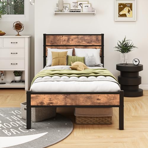 HOMERECOMMEND 90x200 Metallbett Bettgestelle mit Lattenrost mit Holz Kopfteil und Fußteil Heavy Duty Metall Plattform Bettrahmen Schwarz+Braun von HOMERECOMMEND