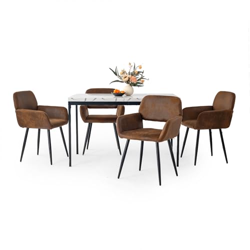 HOMYLIN Esszimmerstühle und Tisch, 5-teiliges Set, 120 cm, rechteckig, Marmor-Weiß-Effekt, Tischplatte Esstisch mit 4 Wildleder-Armlehnen, Küchenstühle HOMYLIN Esszimmerstühle und Tisch, 5-teiliges Set, 120 cm, rechteckig, Marmor-Weiß-Effekt, Tischplatte Esstisch mit 4 Wildleder-Armlehnen, Küchenstühle von HOMYLIN
