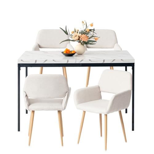 HOMYLIN Esszimmerstühle und Tisch, 5-teiliges Set, 120 cm, rechteckig, Marmor-Weiß-Effekt, Tischplatte Esstisch mit 4 beigefarbenen Armlehnen, Küchenstühle HOMYLIN Esszimmerstühle und Tisch, 5-teiliges Set, 120 cm, rechteckig, Marmor-Weiß-Effekt, Tischplatte Esstisch mit 4 beigefarbenen Armlehnen, Küchenstühle von HOMYLIN