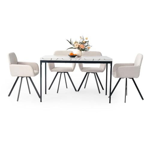HOMYLIN Esszimmerstühle und Tisch, 5-teiliges Set, 120 cm, rechteckig, Marmor-Weiß-Effekt, Tischplatte Esstisch mit 4 drehbaren Armlehnen, Küchenstühle in Beige HOMYLIN Esszimmerstühle und Tisch, 5-teiliges Set, 120 cm, rechteckig, Marmor-Weiß-Effekt, Tischplatte Esstisch mit 4 drehbaren Armlehnen, Küchenstühle in Beige von HOMYLIN