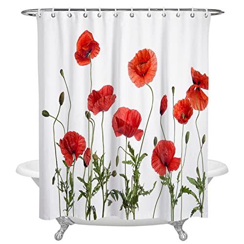 Blume Pflanzen Rote Mohnblume Duschvorhänge Wasserdichter Stoff Polyester Duschvorhang Badvorhang für Badezimmerdekoration W180xH200 (cm) Mit Haken von HONGC