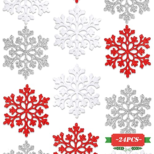 HONGECB 24 Stück Schneeflocken Weihnachten, Schneeflocken Zum Aufhängen, Glitzer Schneeflocken, Schneeflocken Christbaumschmuck, 10cm Schneeflocken Deko Hängende Ornamente, Rot - Silber - Weiß von HONGECB