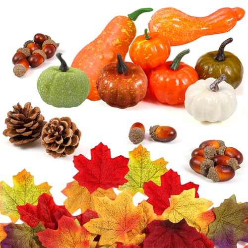 HONGECB 50 pcs Künstliche Kürbisse Set, Herbst Thanksgiving Dekorationen, Kürbis Herbst Deko, künstliche Herbst Ahornblätter, Eicheln Tannenzapfen, Thanksgiving Dekoration für Heimdekoration von HONGECB