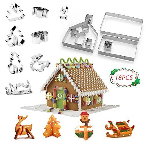 SUNCHE 18 Stück Plätzchen Ausstecher 3D, Weihnachten Lebkuchenhaus, Kekse Ausstechformen, Edelstahl Ausstecher Set, Edelstahl Weihnachten Cookie Cutter, für Torten Kekse BackenKüche Zubehör von HONGECB