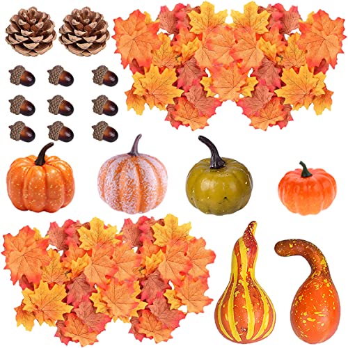 SUNCHE 50 PCS künstliche Kürbisse Herbstdekoration, Mini Kürbisse Tannenzapfen Ahornblätter Eicheln Granatapfel Dekorationsset für Herbst Thanksgiving, Halloween, Hochzeit im Herbst, Weihnachten von HONGECB