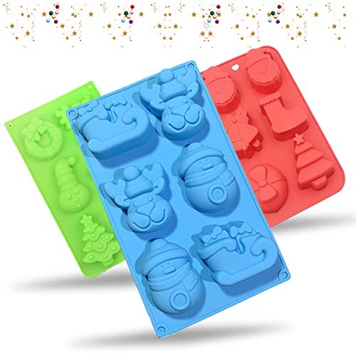 SUNCHE Weihnachten Silikonformen, 3D Silikon Seifenformen, DIY Silikonform Werkzeuge, 6-Cavity Weihnachts Fondant Formen - mit Form von Schneemann Rentier Schlitten, für Kuchen Backen, 3 Stück von HONGECB