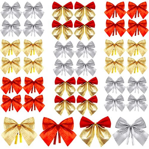 SUNCHE Weihnachtsbaum Schleifen, Weihnachtsschleifen Deko, Glitzer Bogen, Weihnachtsbaum Bowknot Ornamente, Hängende Dekoration für Weihnachten, Erntedankfest, Geburtstag, Rot-Gold-Silber, 96 Stück von HONGECB