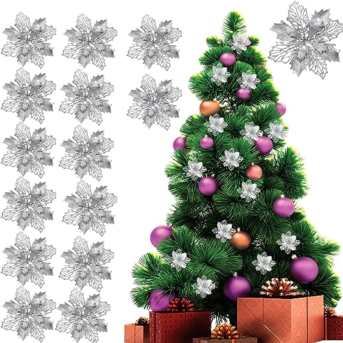 YEAP 15 Stück Weihnachtsstern Blumen, Poinsettia Weihnachtsbaum Künstliche Blumen, 16cm Kunstblumen, Christmas Glitter Poinsettia, Blume für Weihnachtsschmuck mit Clips, für Hochzeit Neujahr, Silber von HONGECB