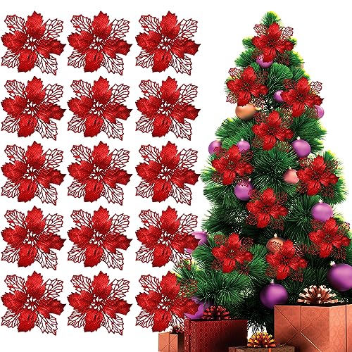 YEAP 15 Stück Weihnachtsstern Blumen, Poinsettia Weihnachtsbaum Künstliche Blumen, 16cm Kunstblumen, Christmas Glitter Poinsettia, Blume für Weihnachtsschmuck mit Clips, für Hochzeit Neujahr, Rot von HONGECB