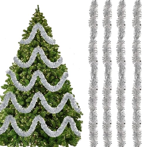 YEAP 4 Stück Weihnachtsbaum Lametta, Weihnachten Lametta Girlande, Lametta Baumschmuck, Glänzend Lametta Girlande, Hängende Dekorationen für Weihnachten Ferien Indoor Outdoor, Je 2m, Silber von HONGECB