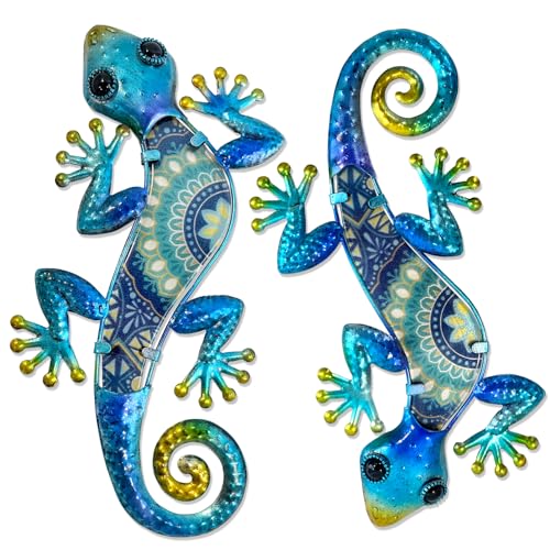 HONGLAND Metall-Gecko-Wandkunst, 2 Stück, Outdoor-Wanddekoration, Eidechse, Metall-Wanddekoration, Glas-Skulptur für Garten, Hof, Terrasse, Zaun, Zuhause (blau) von HONGLAND