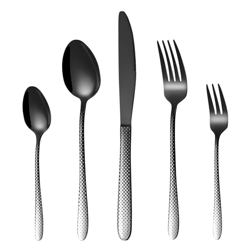 30 Teilig Besteck Set Schwarz 6 Personen, HONKKU Edelstahl Besteckset, Essbesteck mit Einzigartiges Laserpunktmuster, Messer Gabel und Löffel Set Spülmaschinenfest von HONKKU