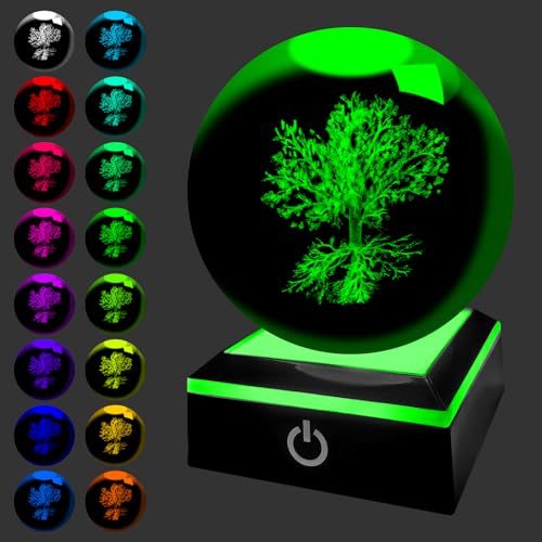HONPHIER 3D Kristallkugel Nachtlicht Baum des Lebens Crystal Lampe Stimmungslicht Dimmbar mit LED Basis Kristallkugel Tischlampe Dekoration für Heim, Familie Freund Geschenke von HONPHIER