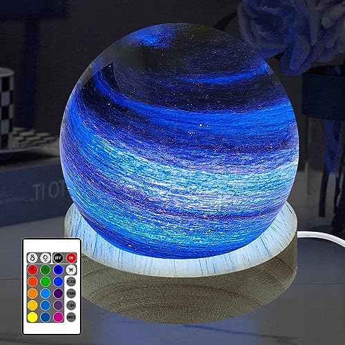 HONPHIER Planeten Lampe Glaskugel Nachtlicht 16 Farben RGB Dimmbar Stimmungslicht USB Astronomische Licht mit Fernbedienung, Holzsockel, Dekoration für Heim, Familie Freund Geschenke, 8 CM von HONPHIER