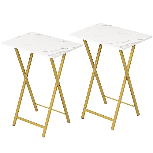 HOOBRO Beistelltisch Klappbar, Kleiner tabletttisch, TV Tray 2er Set, klapptisch Snack Tisch Industriestil, Sofatisch für kleinen Raum, einfach montierbar, Marmor und Gold EDM25BZ01 von HOOBRO