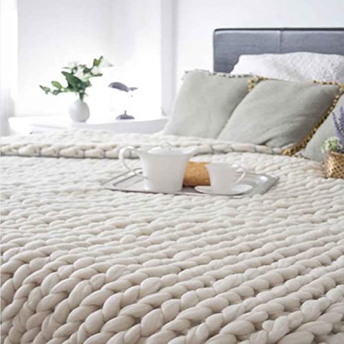 HOOJUEAN Grobstrick-Decke, Klobig,Grobstrick Wolldecke Strickdecke Tagesdecke Überwurf Decke, handgefertigt, für Bett und Sofa, Supergroß(Size:80×80cm,Color:Beige) von HOOJUEAN