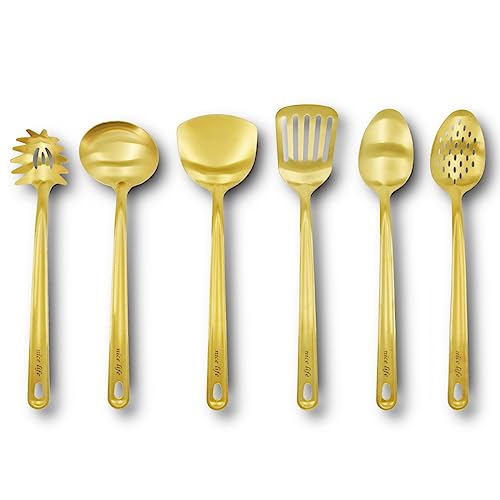 HOOZ 6-Teiliges Küchenutensilien Set, Edelstahl Küchengeschirr Set, Küchenhelfer Enthält 1xSuppenkelle, 2x Pfannenwender, 1x Schaumlöffel, 1x Spaghettilöffel, 1x Servierlöffel (Gold) von HOOZ