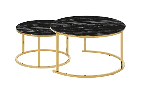 HOOZ Couchitsch 2er Set Rund, Beistelltisch Metall, Wohnzimmer Tisch für Couch und Sofatisch, Nachttisch für Dekoration (80x80x45 cm und 60x60x41 cm) (Gold Marmor schwarz) von HOOZ