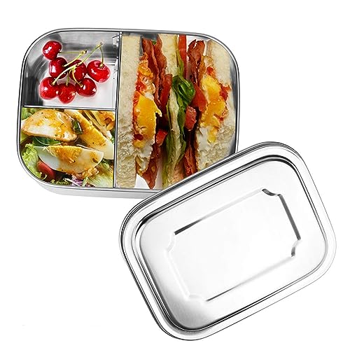 HOSPAOP Edelstahl Brotdose, Lunchbox Edelstahl mit 3 Fächern,16 x 13x 6,2 cm, 1000ml, Bento Box Jausenbox für Kinder Erwachsene von HOSPAOP