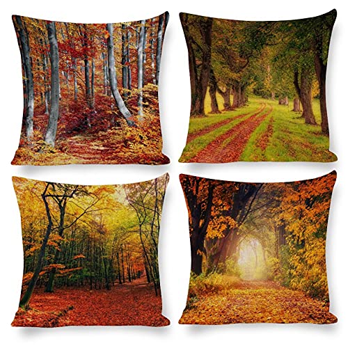 HOSTECCO Wasserdichte Kissenbezüge 4 Stück Herbst Bäume Leinen Throw Kissenbezüge Outdoor Bauernhaus Quadratische Kissenbezüge für Terrasse Garten Couch 45 x 45 cm von HOSTECCO