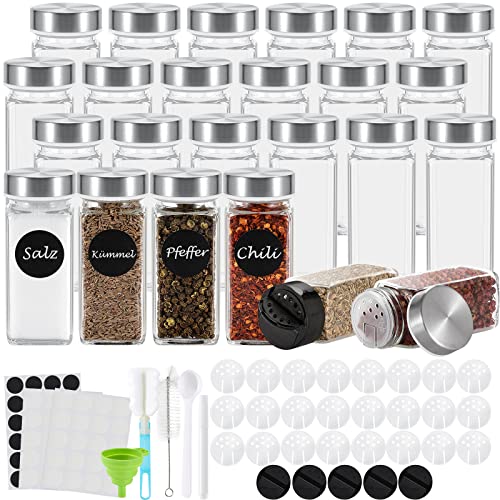 HOTSAN Gewürzgläser Eckig 24er Set, 120ml Gewürzdosen Glas Gewürzstreuer mit Schraubkappe, Gewürzbehälter Gewürze Aufbewahrung mit Streueinsatz, Etiketten, Trichter, Bürste von HOTSAN