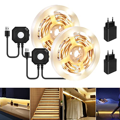 LED Strip Bewegungsmelder 3M,LED Bettlicht mit PIR Bewegungssensor, Warmweiß LED Streifen mit Automatischem Abschalt Timer,Nachtlicht mit Bewegungsmelder für Schlafzimmer,Treppe,Babybett (2 Pcs von HOUHUI