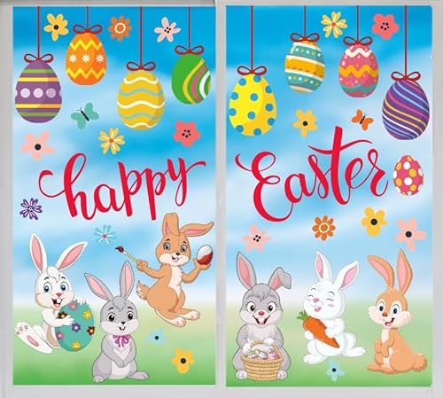 HPNIUB Fröhlicher Osterhase Fensterdekoration,Osterei-Fensteraufkleber, Hase Ei Blume Wandsticker,Cartoon Frohe Ostern Fensterdekoration für Ostern Kinderzimmerdekoration Eierjagd Spiele Partyzubehör von HPNIUB