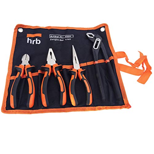 HRB 5 tlg. Zangenset bestehend aus Wasserpumpenzange, Seitenschneider, Spitzzange, Kombizange in praktischer Tetron Rolltasche, qualitativ hochwertiges Werkzeug Set Zange von HRB