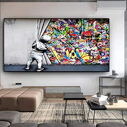 HSFFBHFBH Street Art Banksy Graffiti Wandkunst hinter dem Vorhang Leinwand Gemälde Wandkunst Bilder für Wohnkultur Malerei 80x160cm(32x63inch) mit schwarzem Rahmen von HSFFBHFBH