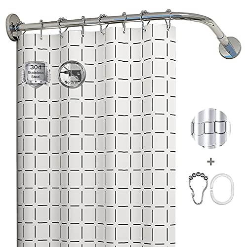 HSGAV Verstellbare L Form Duschvorhangstange Ohne Bohren,Ausziehbare Eckduschstange,Badewannenvorhangstange Stangenstange Für Badezimmer Badewanne,Mit Duschvorhang Und Haken,75~95cm x 120~165cm von HSGAV