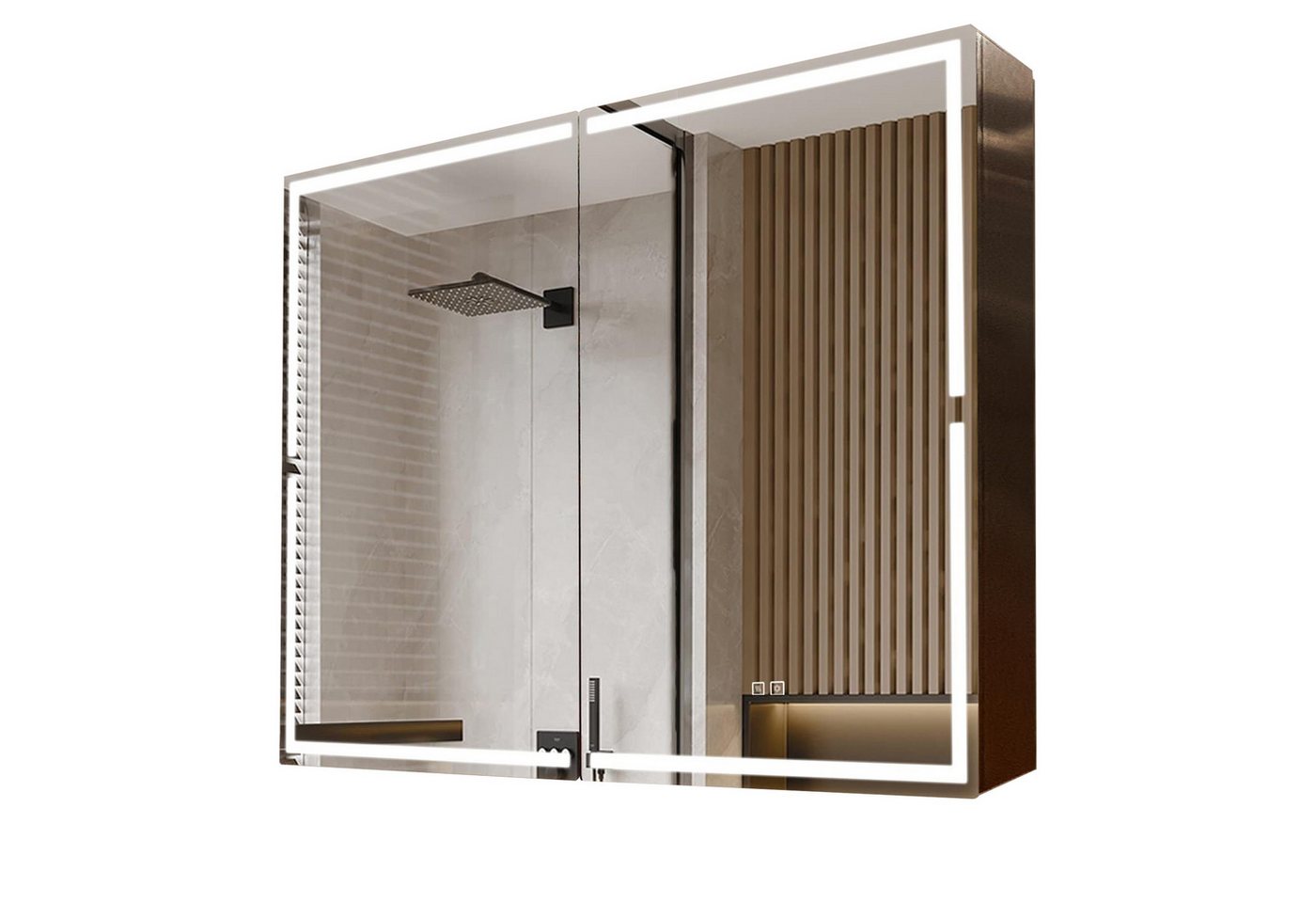 HT Badezimmerspiegelschrank (3-farbig dimmbar, Dehaze-Funktion, 100 x 70 x 13,8) Spiegelschrank Bad mit Beleuchtung, Braun von HT