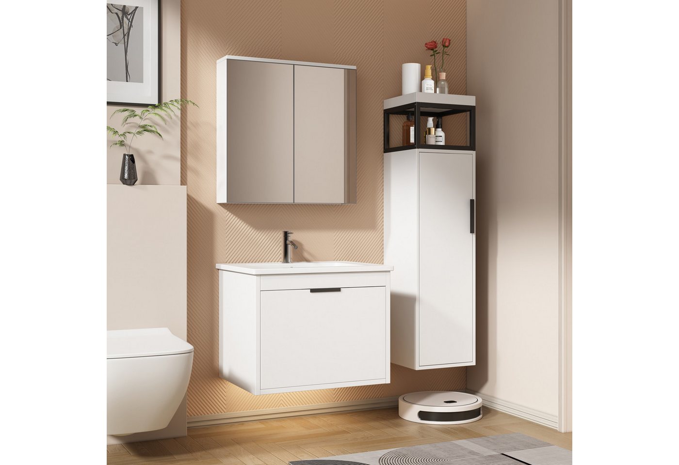 HT Badezimmerspiegelschrank (Set) Badmöbel-Set (Komplett-Set, 3-St), Spiegelschrank, Waschtisch von HT